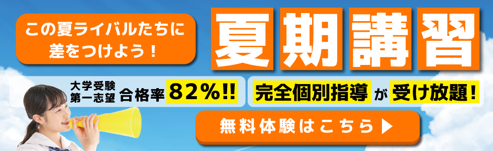 この夏ライバルたちに差をつけよう！夏期講習　大学受験第一志望校合格率82%！完全個別指導が受け放題！無料体験はこちら