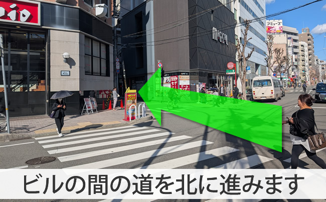 ビルの間の道を北に進みます